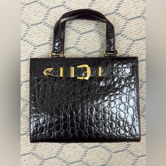 GIANNI VERSACE Vintage 90’s Brown Croc-Embossed Leather W/ Gold Buckle Handbag - Picture 4 of 16